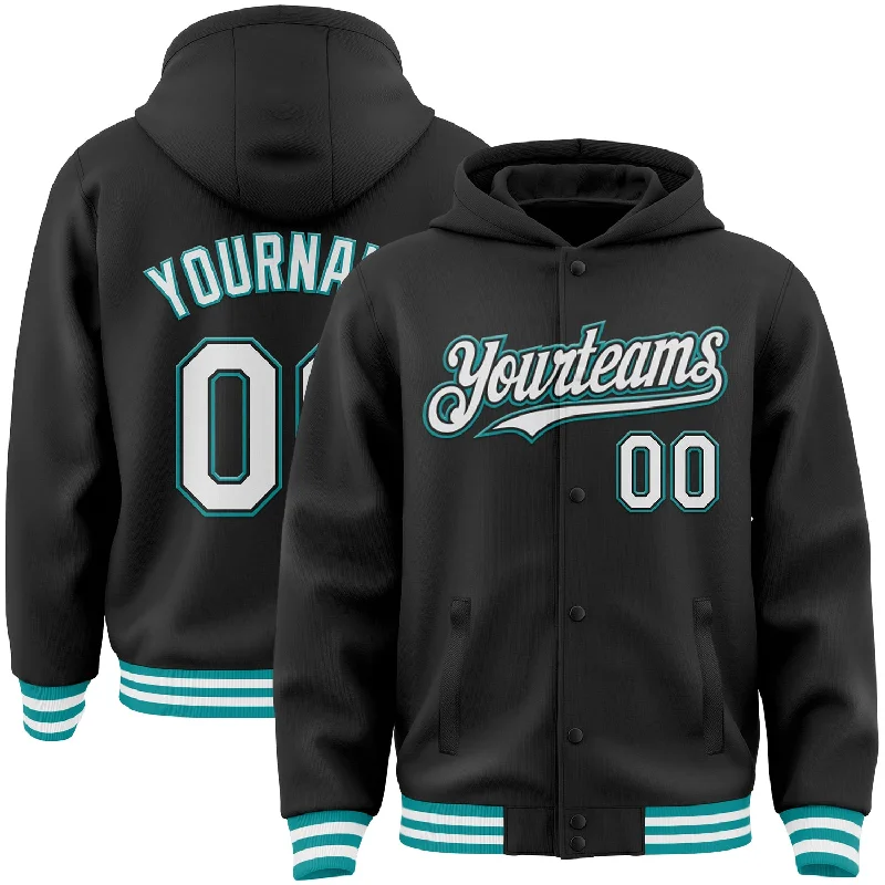 Performance Hoodie for Sports and Workouts-Custom Black White-Teal Bomber Full-Snap Varsity Letterman Hoodie Jacket