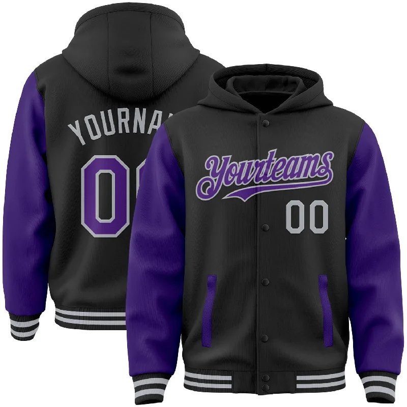 Soft Hoodie with Zip and Drawstring-Custom Black Purple-Gray Bomber Full-Snap Varsity Letterman Two Tone Hoodie Jacket