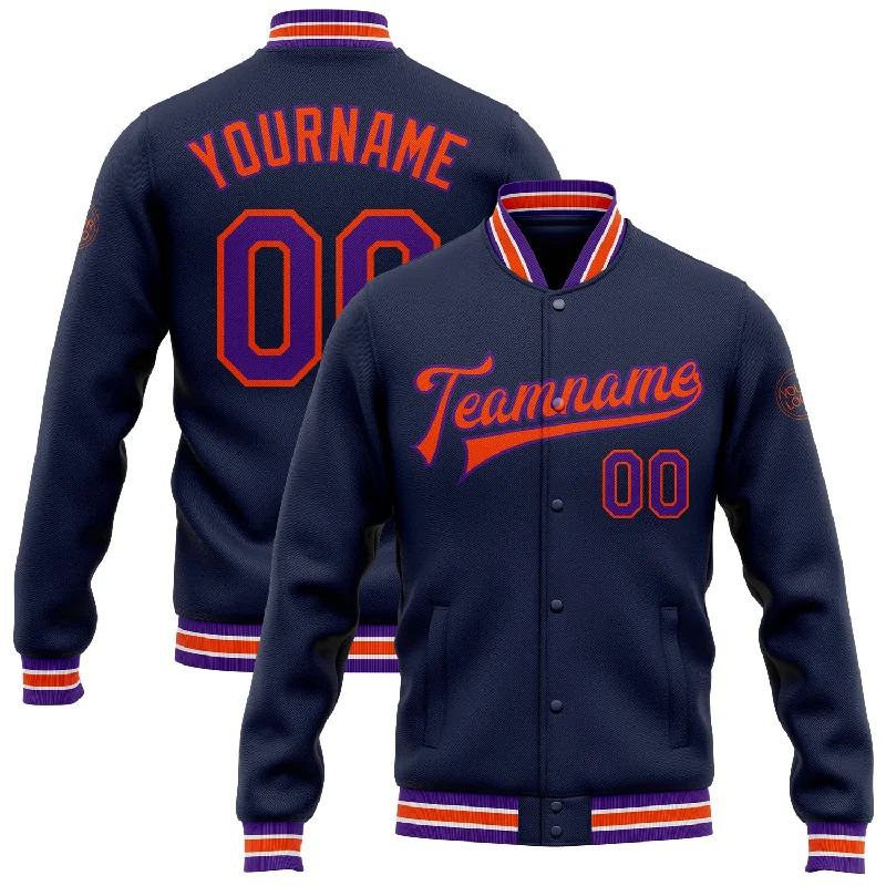 Breathable Lightweight Running Jacket for Fitness-Custom Navy Purple-Orange Bomber Full-Snap Varsity Letterman Jacket