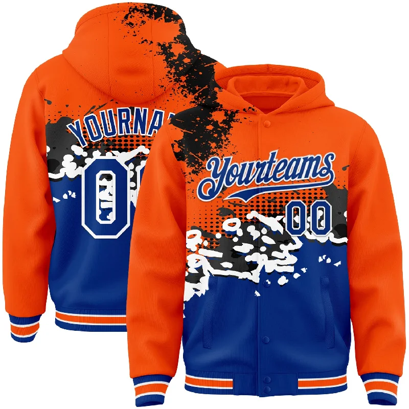 Soft Velour Hoodie for Luxe Comfort-Custom Orange Royal-Black Abstract Splash Grunge Art 3D Pattern Design Bomber Full-Snap Varsity Letterman Hoodie Jacket