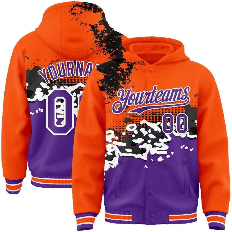 Trendy Pullover Hoodie for Effortless Style-Custom Orange Purple-Black Abstract Splash Grunge Art 3D Pattern Design Bomber Full-Snap Varsity Letterman Hoodie Jacket