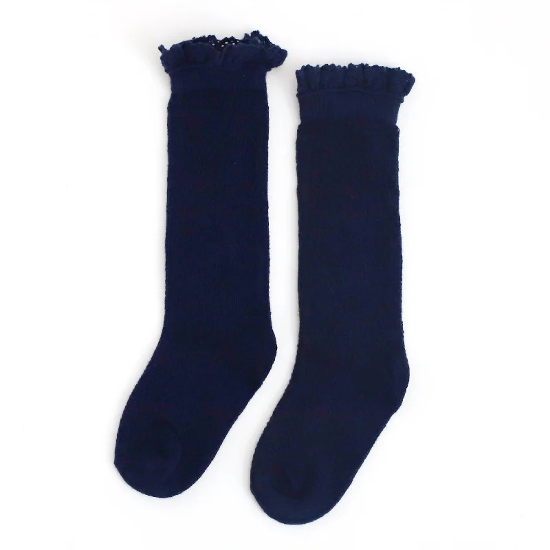 Soft Recycled Cotton Socks for Sustainable Style-Navy Fancy Lace Top Knee High Socks