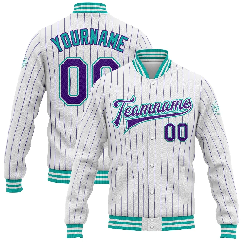 Relaxed Fit Denim Jacket for Casual Looks-Custom White Purple Pinstripe Aqua Bomber Full-Snap Varsity Letterman Jacket