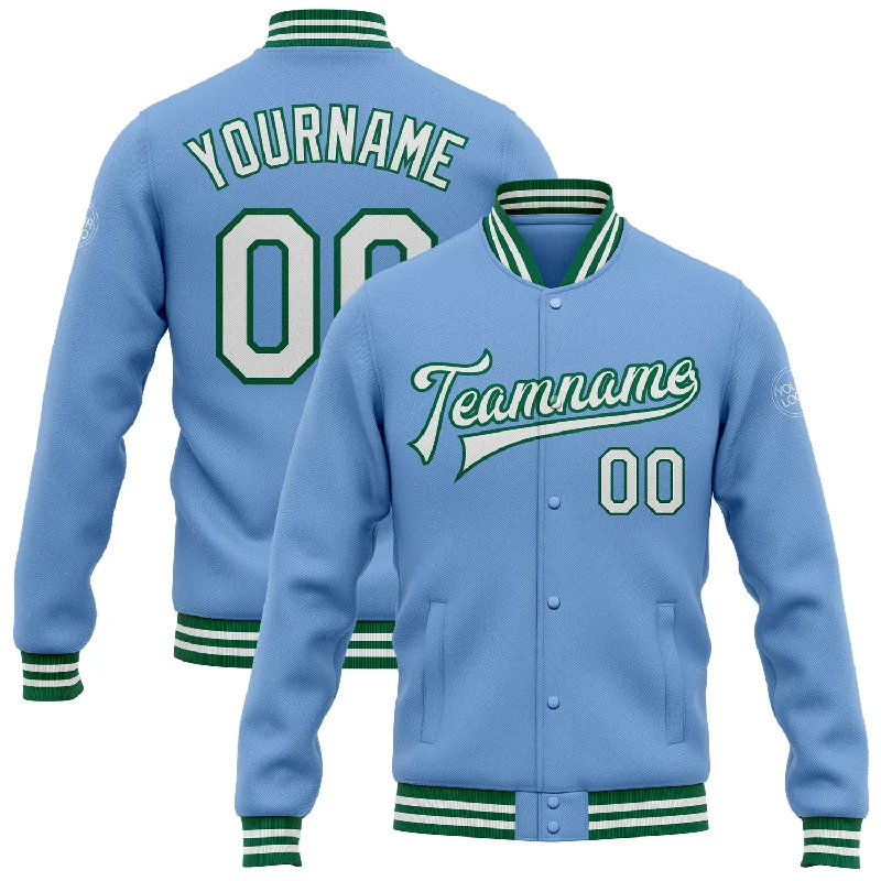 Fashionable Fleece-Lined Zip Jacket for Cold Days-Custom Light Blue White-Kelly Green Bomber Full-Snap Varsity Letterman Jacket