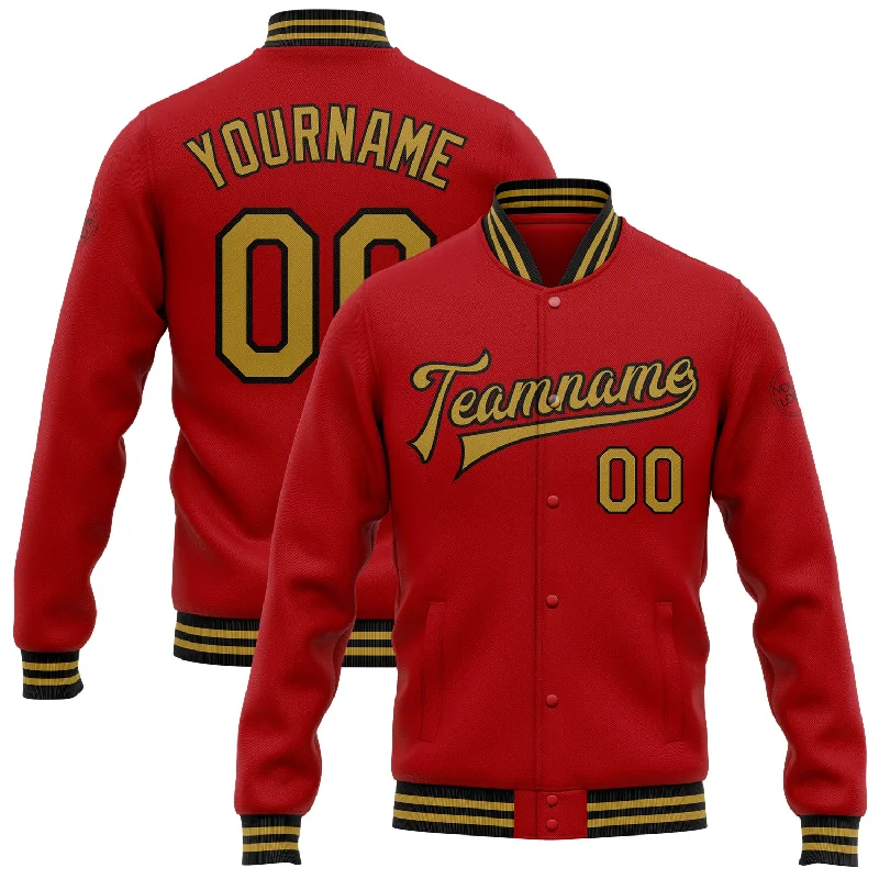 Stylish Rain Jacket for Wet Weather-Custom Red Old Gold-Black Bomber Full-Snap Varsity Letterman Jacket