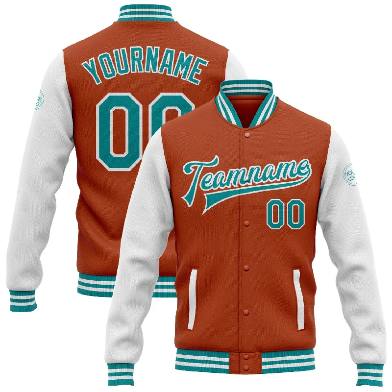 Stylish Faux Fur Jacket for Cold Weather Fashion-Custom Texas Orange Teal-White Bomber Full-Snap Varsity Letterman Two Tone Jacket