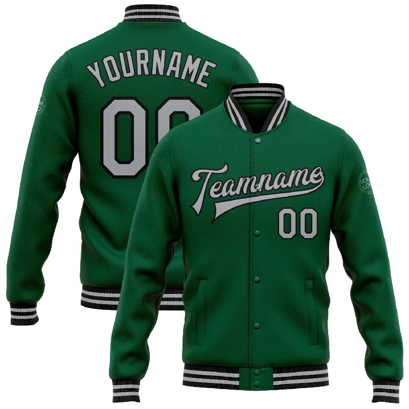 Customizable Sports Jacket for Team Wear-Custom Kelly Green Gray-Black Bomber Full-Snap Varsity Letterman Jacket