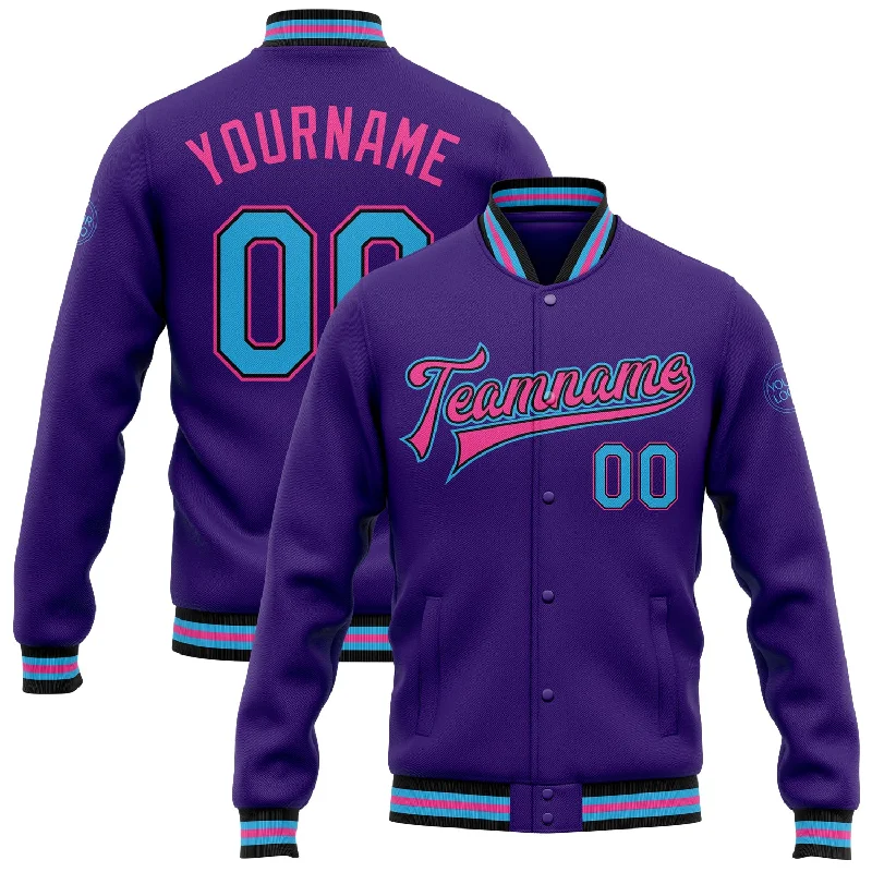 Performance Zip-Up Jacket for Running or Cycling-Custom Purple Sky Blue Black-Pink Bomber Full-Snap Varsity Letterman Jacket