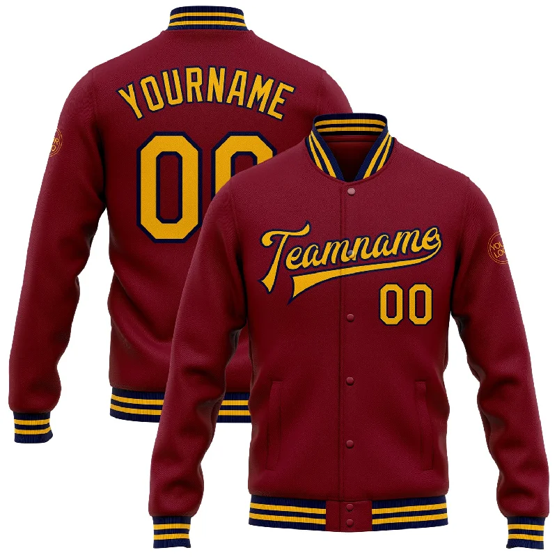 Lightweight Soft-Shell Windbreaker for Sports-Custom Crimson Gold-Navy Bomber Full-Snap Varsity Letterman Jacket