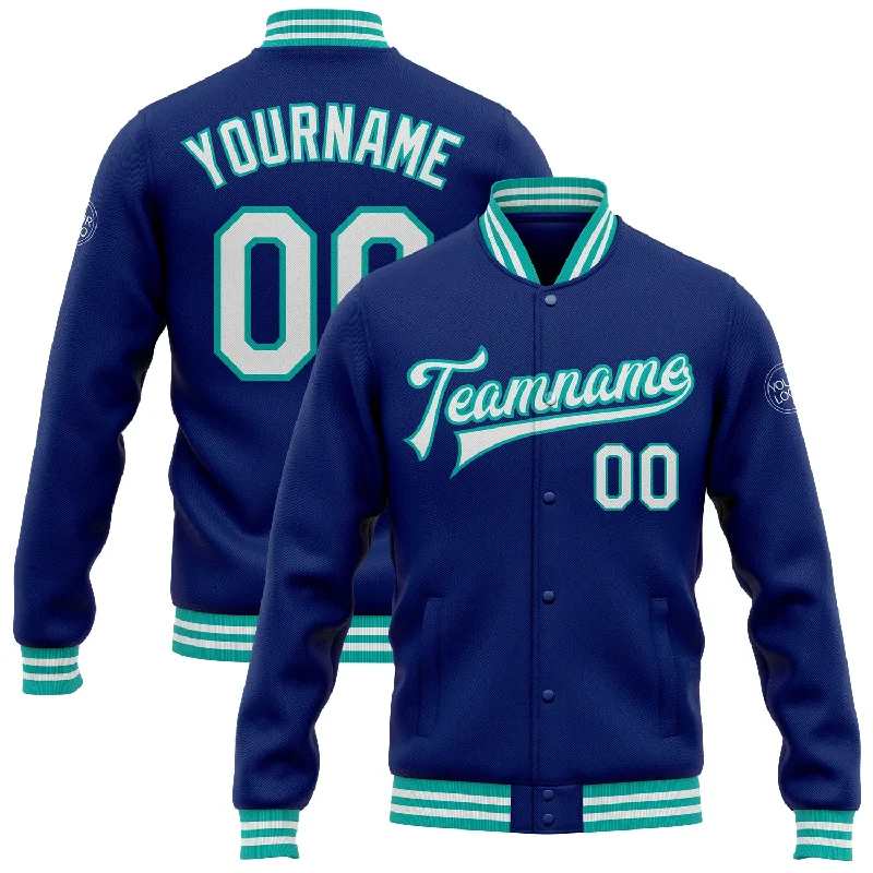 Fashionable Outdoor Jacket for Adventure Lovers-Custom Royal White-Aqua Bomber Full-Snap Varsity Letterman Jacket