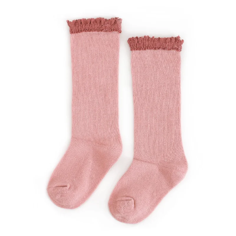 Cozy Cabin Socks for Lounging Around-Blush + Mauve Lace Top Knee High Socks