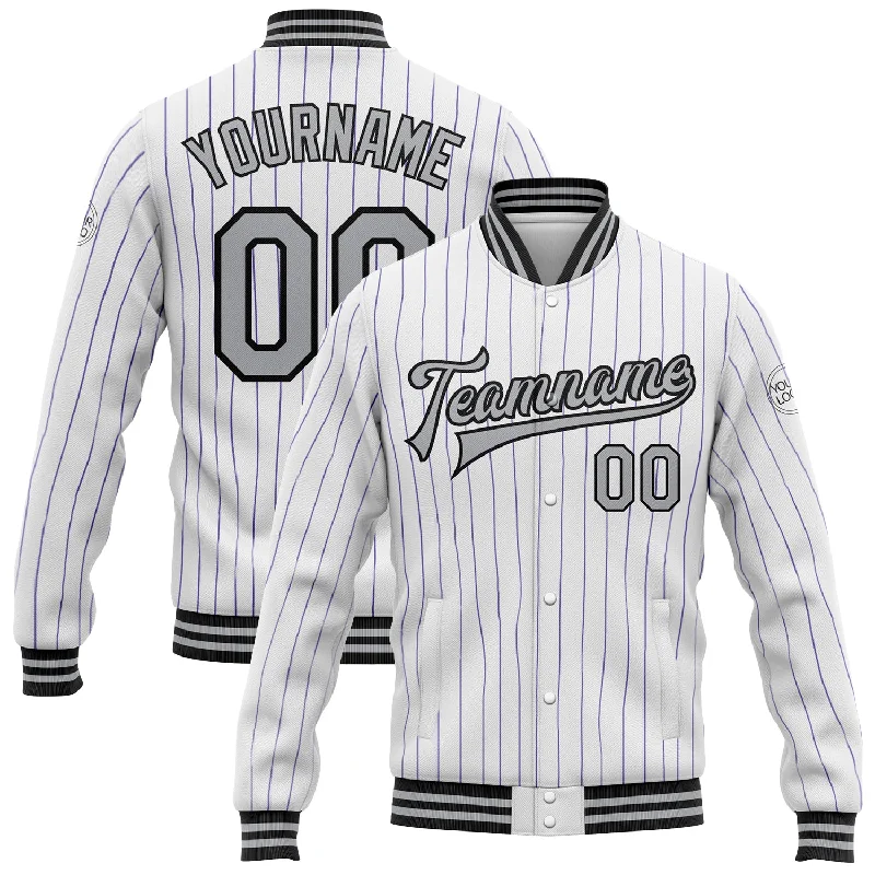 Waterproof Outdoor Jacket for Wet Conditions-Custom White Purple Pinstripe Gray-Black Bomber Full-Snap Varsity Letterman Jacket