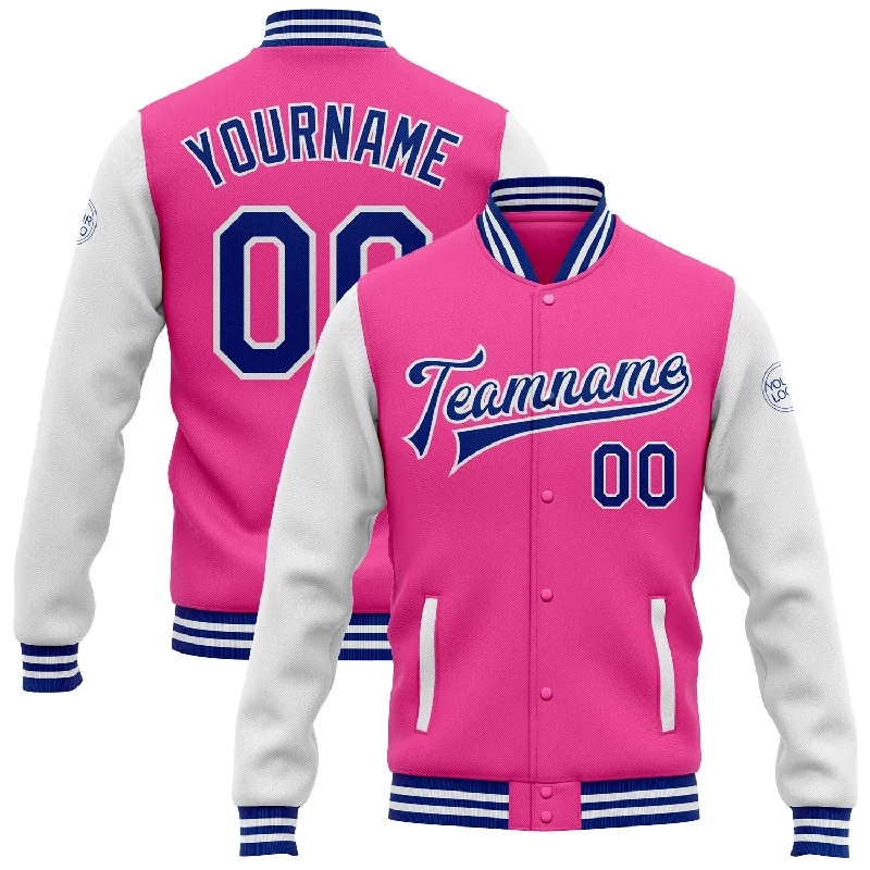 Casual Field Jacket for Relaxed Style-Custom Pink Royal-White Bomber Full-Snap Varsity Letterman Two Tone Jacket