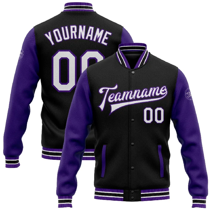 Breathable Rainproof Jacket for Outdoor Activities-Custom Black White-Purple Bomber Full-Snap Varsity Letterman Two Tone Jacket