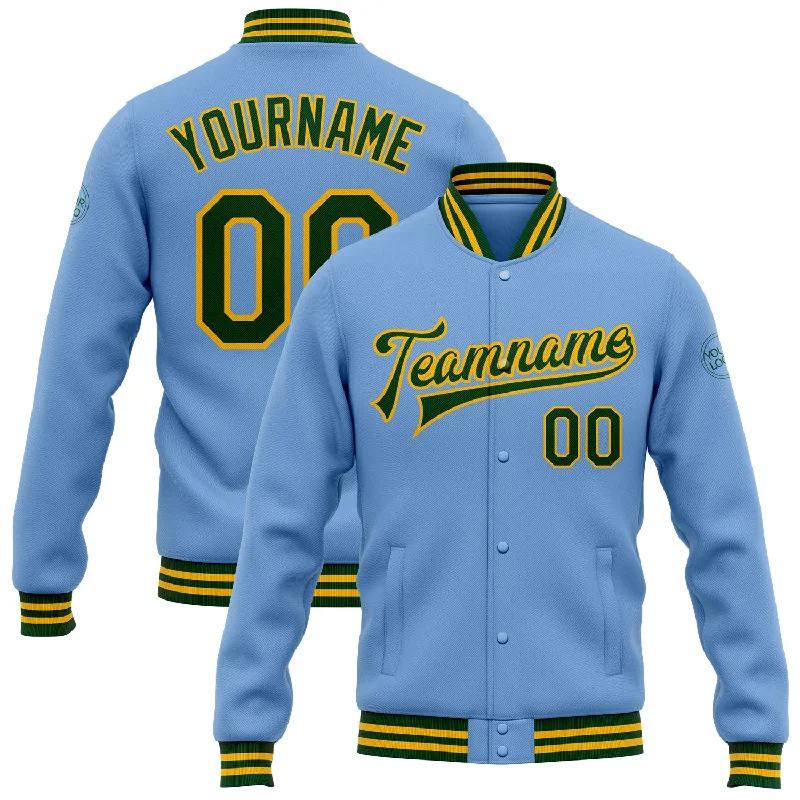 Stylish Zip-Up Outdoor Jacket for All-Day Comfort-Custom Light Blue Green-Gold Bomber Full-Snap Varsity Letterman Jacket