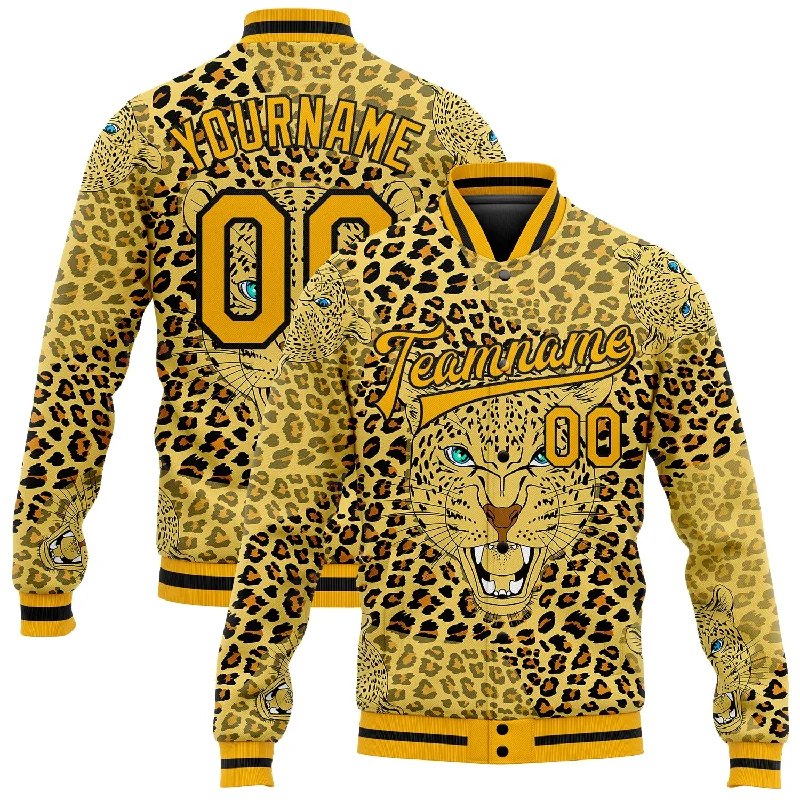 Thermal Insulated Jacket for Extreme Cold-Custom Gold Black Leopard 3D Pattern Design Bomber Full-Snap Varsity Letterman Jacket