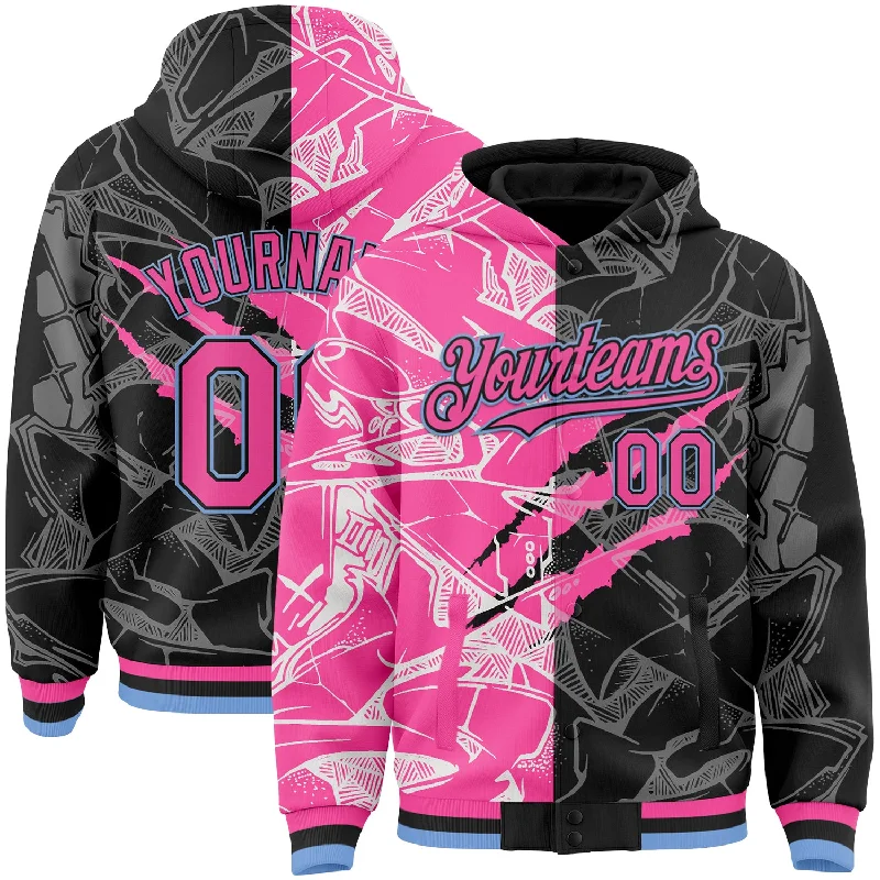 Stylish Hoodie with Abstract Print-Custom Graffiti Pattern Pink Black-Light Blue Scratch 3D Bomber Full-Snap Varsity Letterman Hoodie Jacket