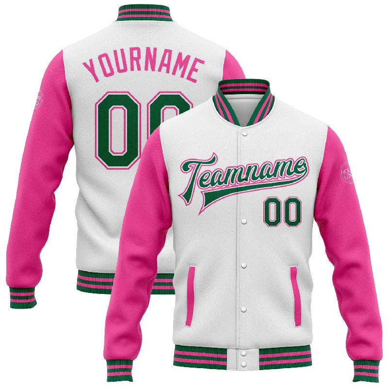 Trendy Shacket Jacket for Fashion Layering-Custom White Kelly Green-Pink Bomber Full-Snap Varsity Letterman Two Tone Jacket