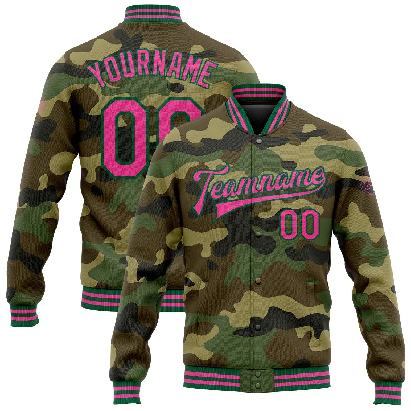 Long Sleeve Zip-Up Jacket for Easy Layering-Custom Camo Pink-Kelly Green Bomber Full-Snap Varsity Letterman Salute To Service Jacket