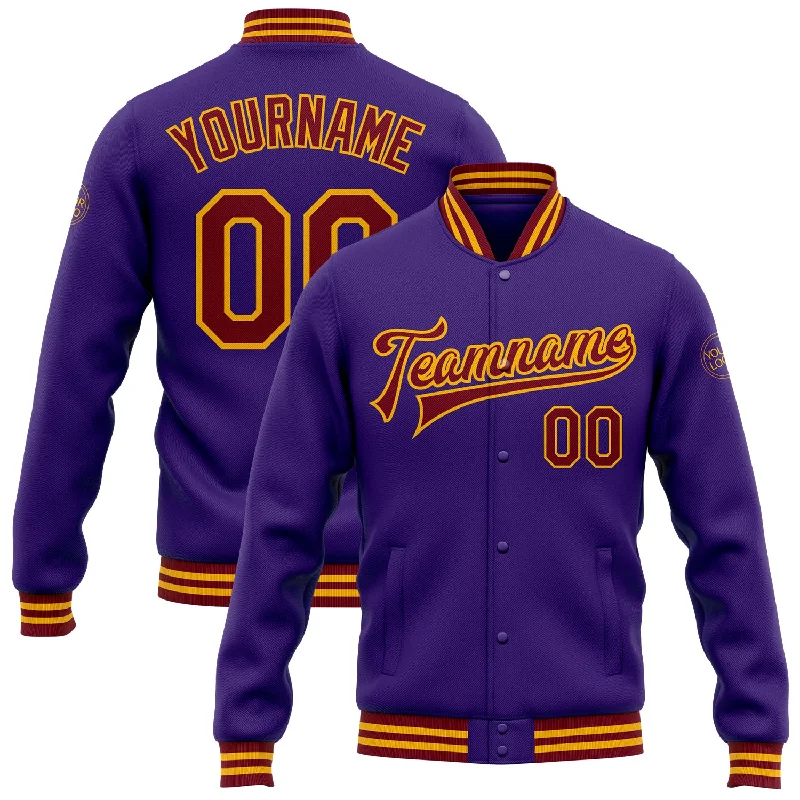 Warm Puffer Jacket for Winter Comfort-Custom Purple Crimson-Gold Bomber Full-Snap Varsity Letterman Jacket