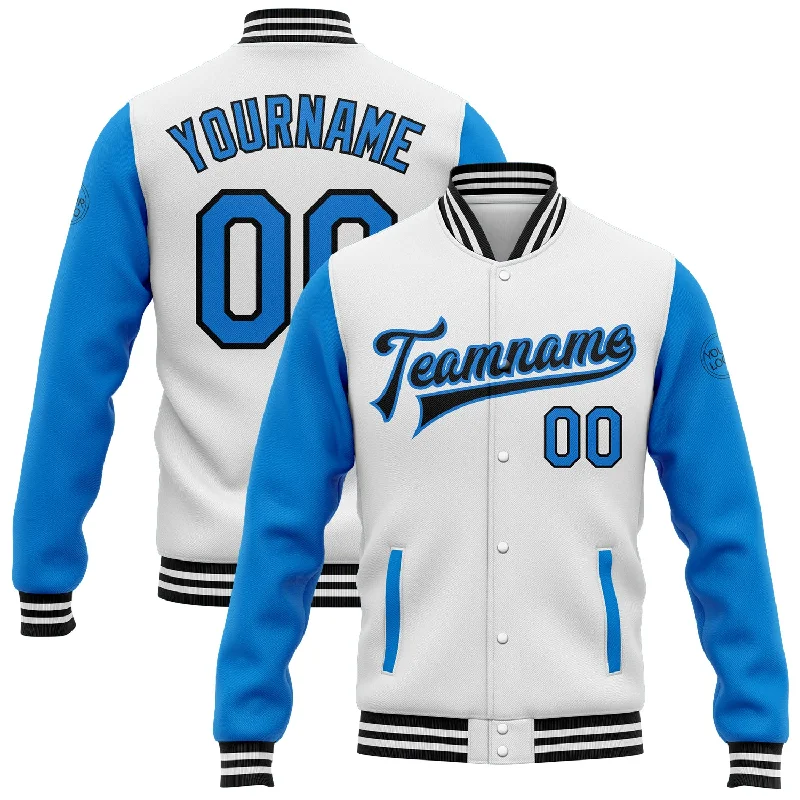 Insulated Ski Jacket for Winter Sports-Custom White Powder Blue-Black Bomber Full-Snap Varsity Letterman Two Tone Jacket