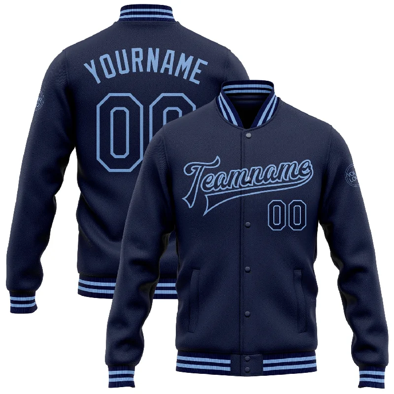 Classic Denim Jacket for Timeless Appeal-Custom Navy Light Blue Bomber Full-Snap Varsity Letterman Jacket