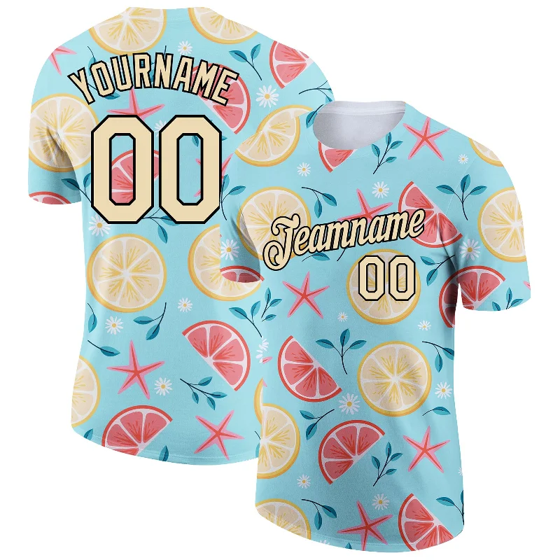 Soft and Stretchable T-Shirt for Perfect Fit-Custom Sky Blue City Cream-Black 3D Pattern Design Summer Holiday Fruit And Flower Performance T-Shirt