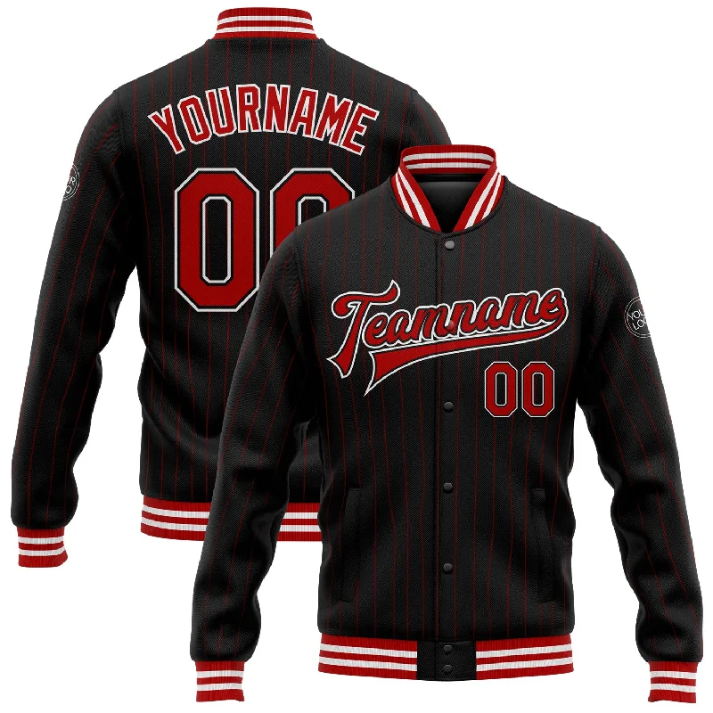 Classic Denim Jacket for Timeless Appeal-Custom Black Red Pinstripe Red-White Bomber Full-Snap Varsity Letterman Jacket