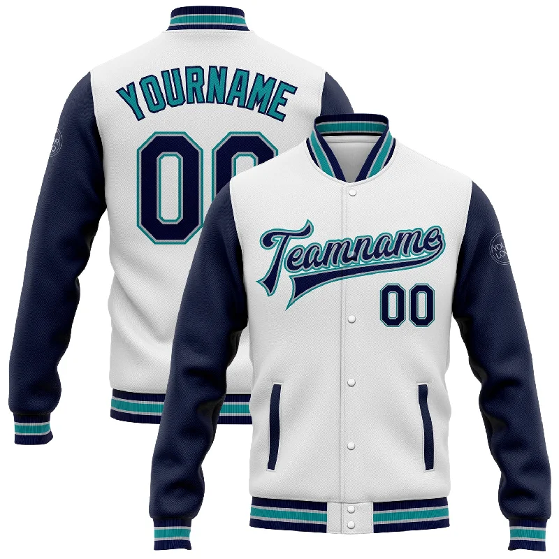 Durable Workwear Jacket for Tough Jobs-Custom White Navy Gray-Teal Bomber Full-Snap Varsity Letterman Two Tone Jacket