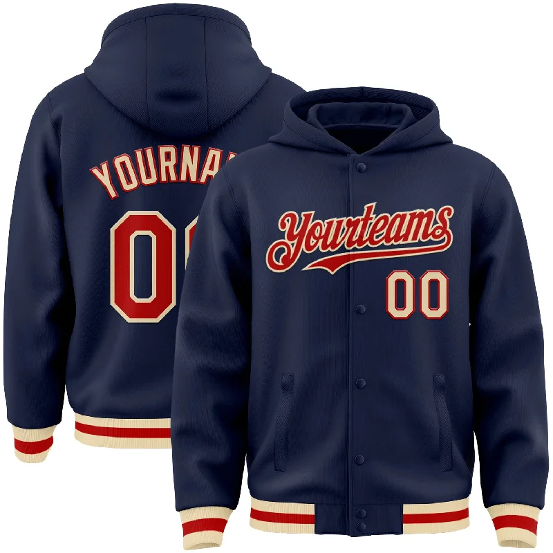 Fashion-Forward Hoodie for Daily Wear-Custom Navy Red-Cream Bomber Full-Snap Varsity Letterman Hoodie Jacket