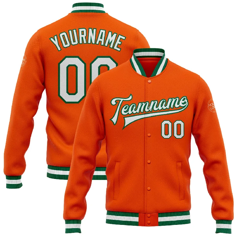 Comfortable Sherpa Lined Jacket for Winter Warmth-Custom Orange White-Kelly Green Bomber Full-Snap Varsity Letterman Jacket