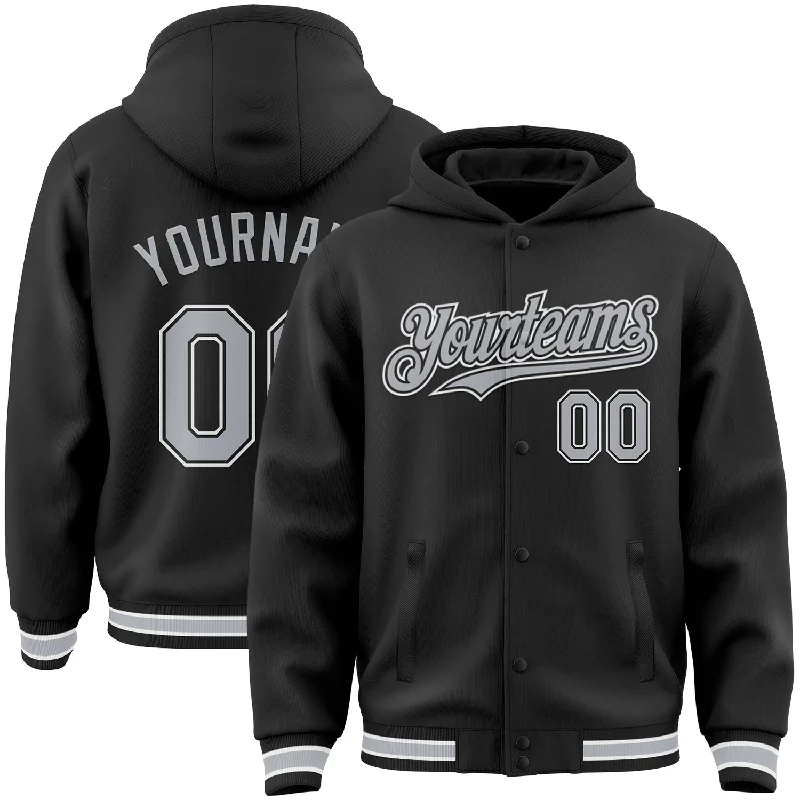 Fashion-Forward Hoodie for Daily Wear-Custom Black Gray-White Bomber Full-Snap Varsity Letterman Hoodie Jacket