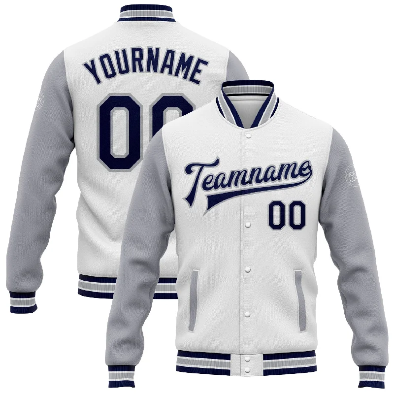 Breathable Mesh Jacket for Warm Weather-Custom White Navy-Gray Bomber Full-Snap Varsity Letterman Two Tone Jacket