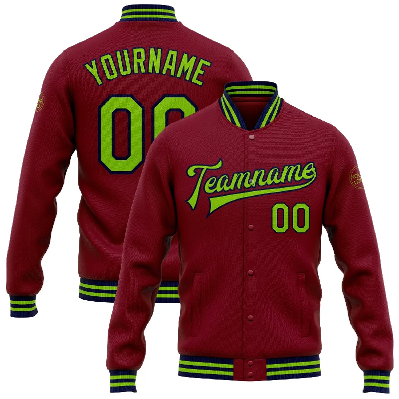 Long Sleeve Zip-Up Jacket for Easy Layering-Custom Crimson Neon Green-Navy Bomber Full-Snap Varsity Letterman Jacket