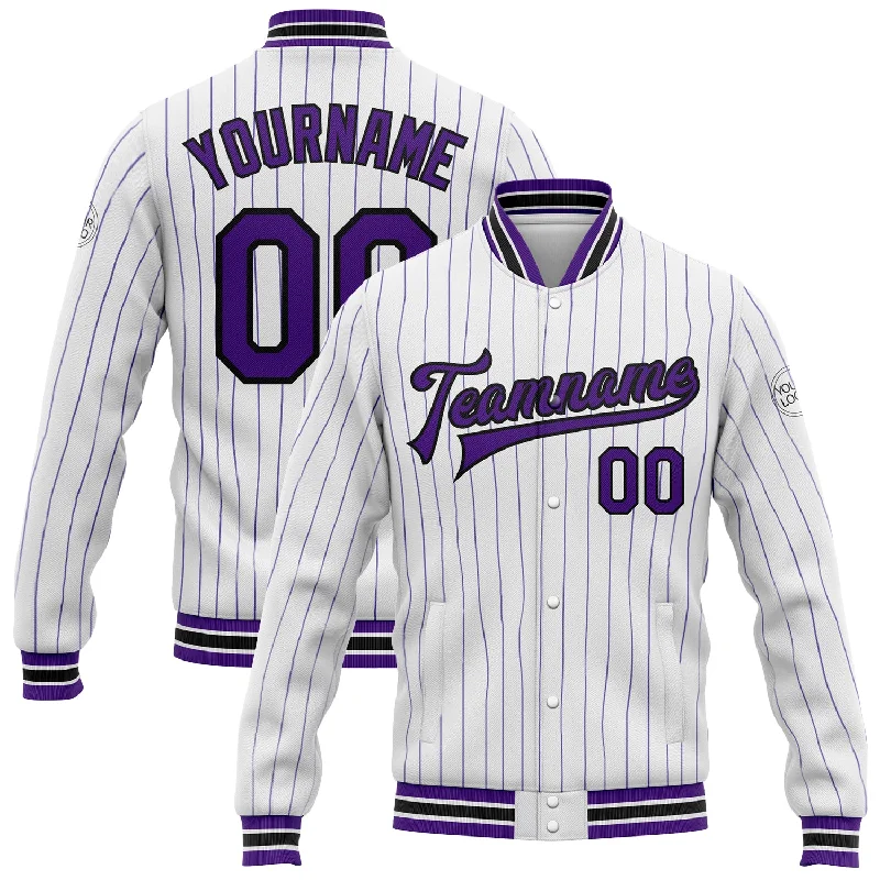 Reversible Jacket for Versatile Outfits-Custom White Purple Pinstripe Black Bomber Full-Snap Varsity Letterman Jacket