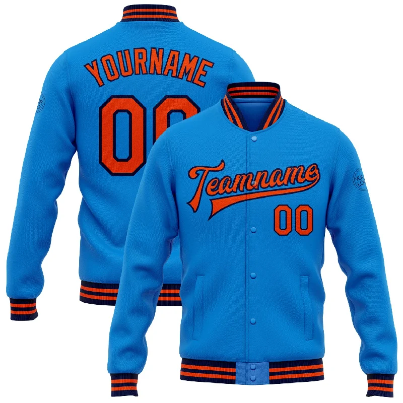 Casual Zip-Up Hoodie Jacket for Relaxed Days-Custom Powder Blue Orange-Navy Bomber Full-Snap Varsity Letterman Jacket