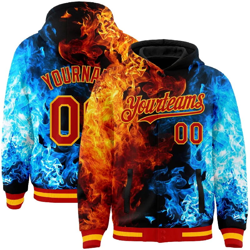 Trendy Hoodie for Streetwear Enthusiasts-Custom Red Gold Black-Lakes Blue Flame 3D Pattern Design Bomber Full-Snap Varsity Letterman Hoodie Jacket