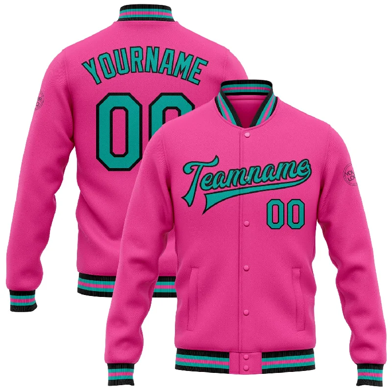 Trendy Shacket Jacket for Fashion Layering-Custom Pink Aqua-Black Bomber Full-Snap Varsity Letterman Jacket