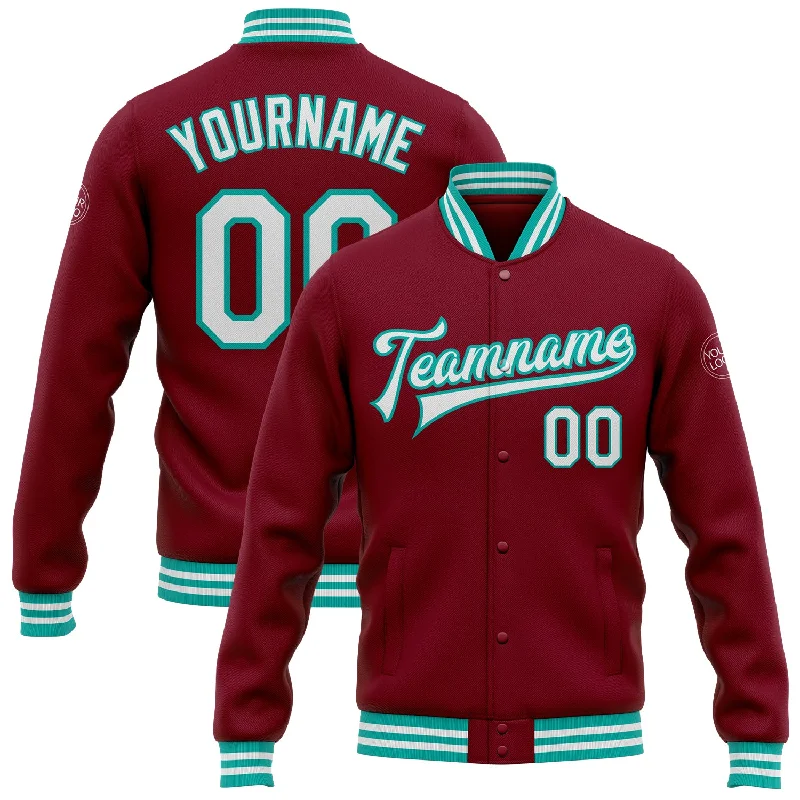 Sporty Track Jacket for Active Living-Custom Crimson White-Aqua Bomber Full-Snap Varsity Letterman Jacket