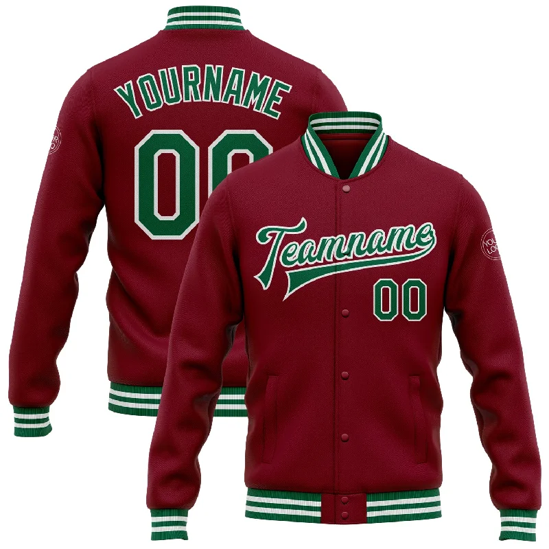 Casual Utility Jacket for Practical Wear-Custom Crimson Kelly Green-White Bomber Full-Snap Varsity Letterman Jacket