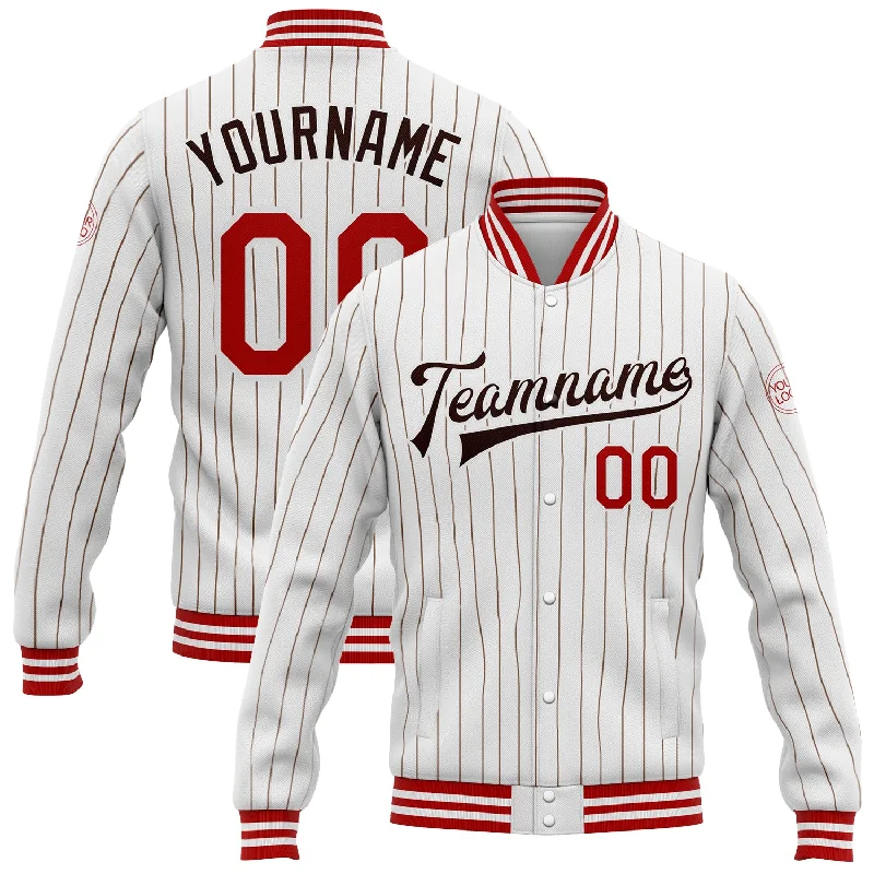 Casual Field Jacket for Relaxed Style-Custom White Brown Pinstripe Red Bomber Full-Snap Varsity Letterman Jacket