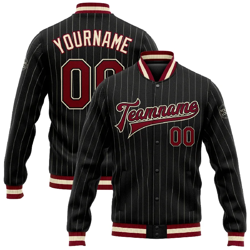 Long Sleeve Zip-Up Jacket for Easy Layering-Custom Black Cream Pinstripe Maroon Bomber Full-Snap Varsity Letterman Jacket