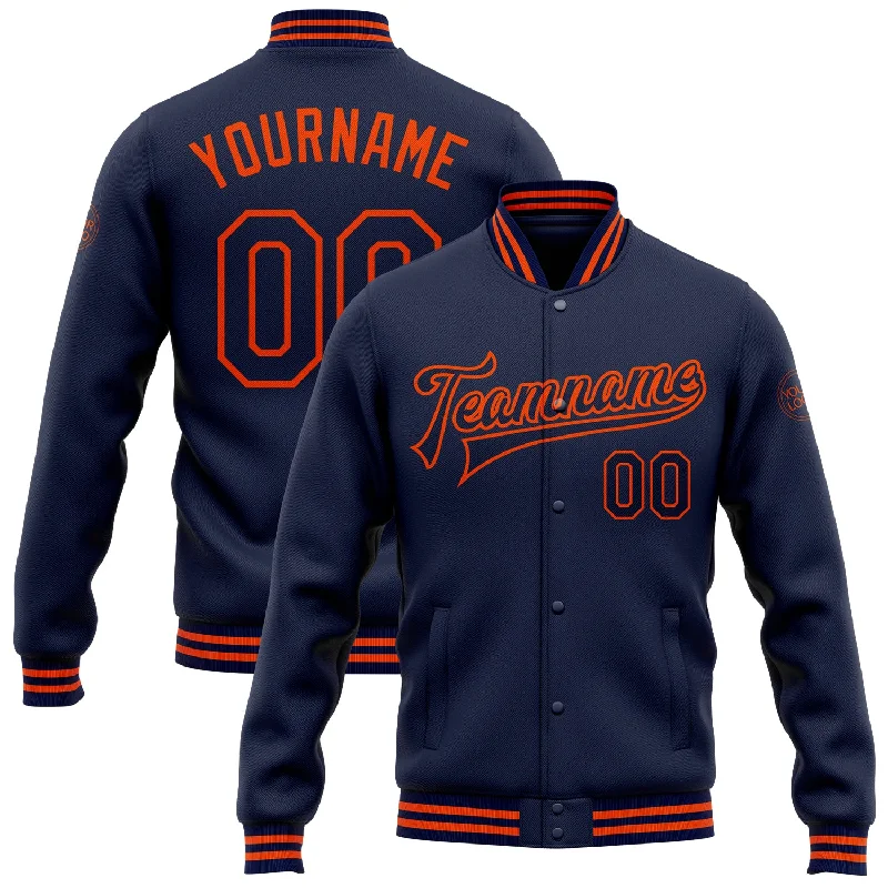 Packable Travel Jacket for On-the-Go Comfort-Custom Navy Orange Bomber Full-Snap Varsity Letterman Jacket