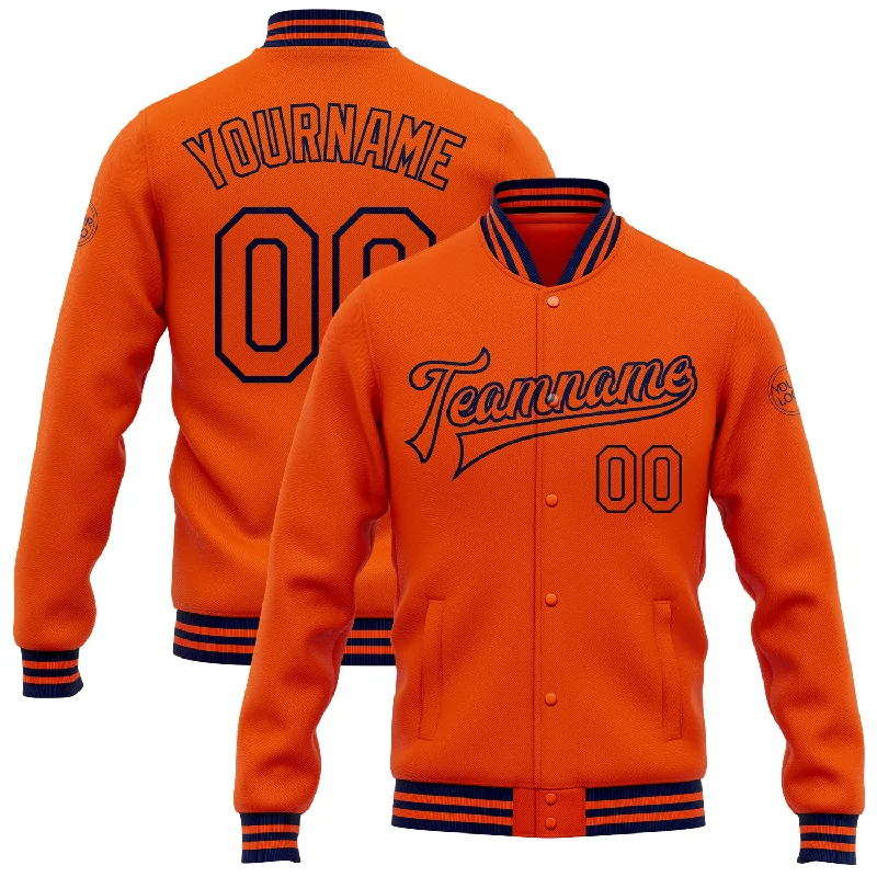 Functional Waterproof Jacket for Outdoor Activities-Custom Orange Navy Bomber Full-Snap Varsity Letterman Jacket