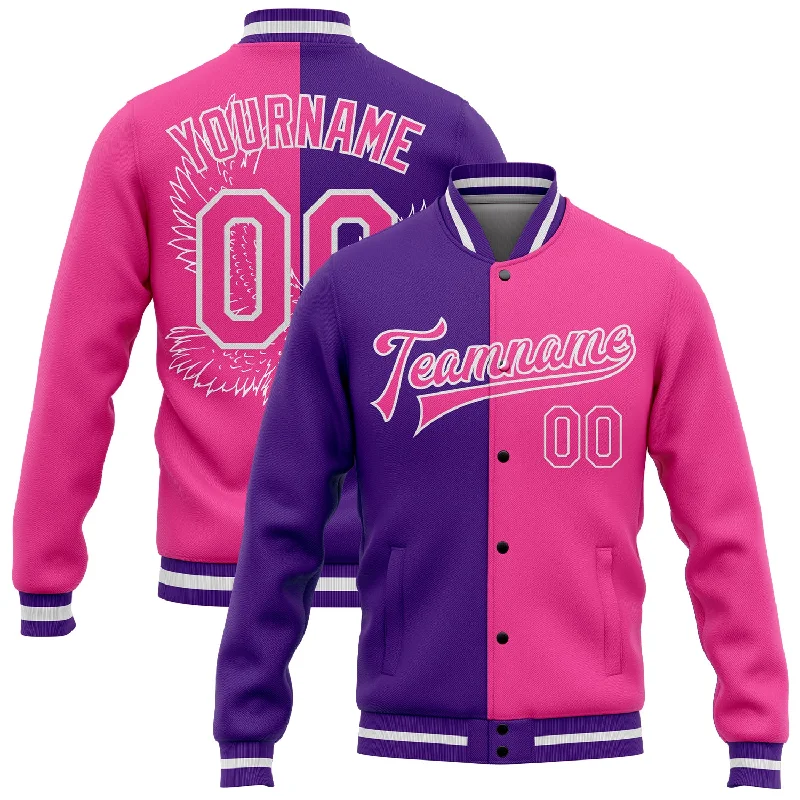 Classic Military Jacket for Everyday Looks-Custom Purple Pink-White Eagle 3D Pattern Design Bomber Full-Snap Varsity Letterman Jacket