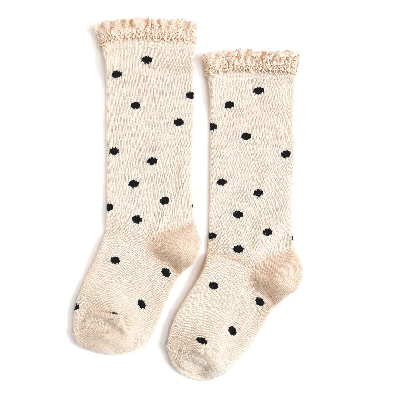 No-Slip Sport Socks for Running and Cycling-Vanilla Dot Lace Top Knee High Socks