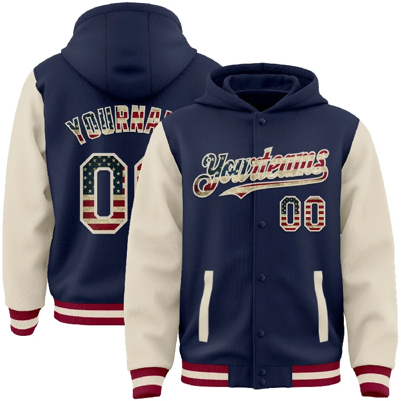 Warm Fleece Hoodie for Chilly Days-Custom Navy Vintage USA Flag Cream-Maroon Bomber Full-Snap Varsity Letterman Two Tone Hoodie Jacket