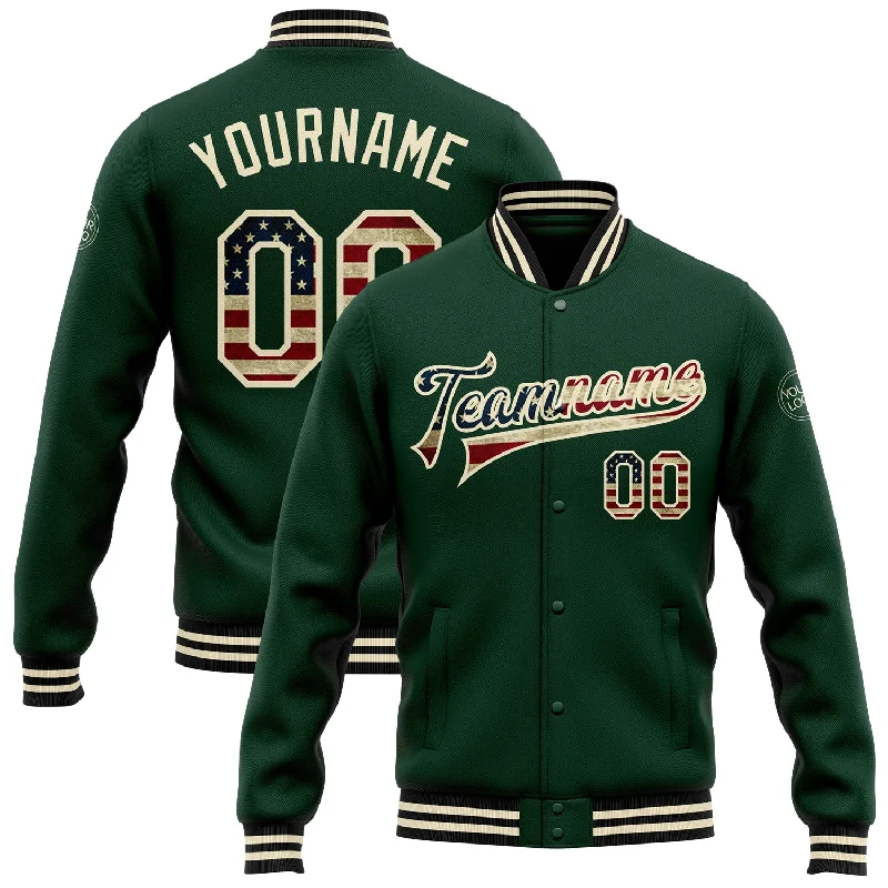 Soft Wool Jacket for Fall Fashion-Custom Green Vintage USA Flag Cream-Black Bomber Full-Snap Varsity Letterman Jacket