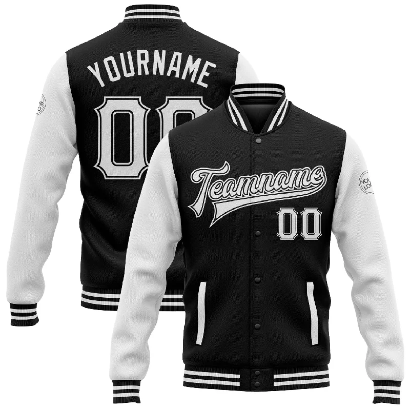 Classic Parka Jacket for Cold Conditions-Custom Black White Bomber Full-Snap Varsity Letterman Two Tone Jacket