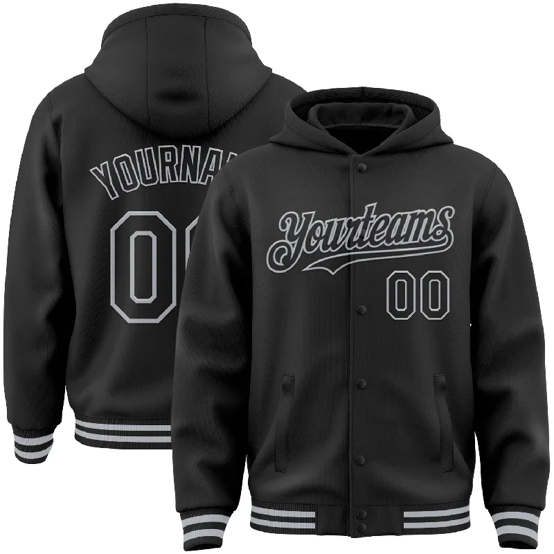 Warm Hoodie for Camping and Hiking-Custom Black Gray Bomber Full-Snap Varsity Letterman Hoodie Jacket